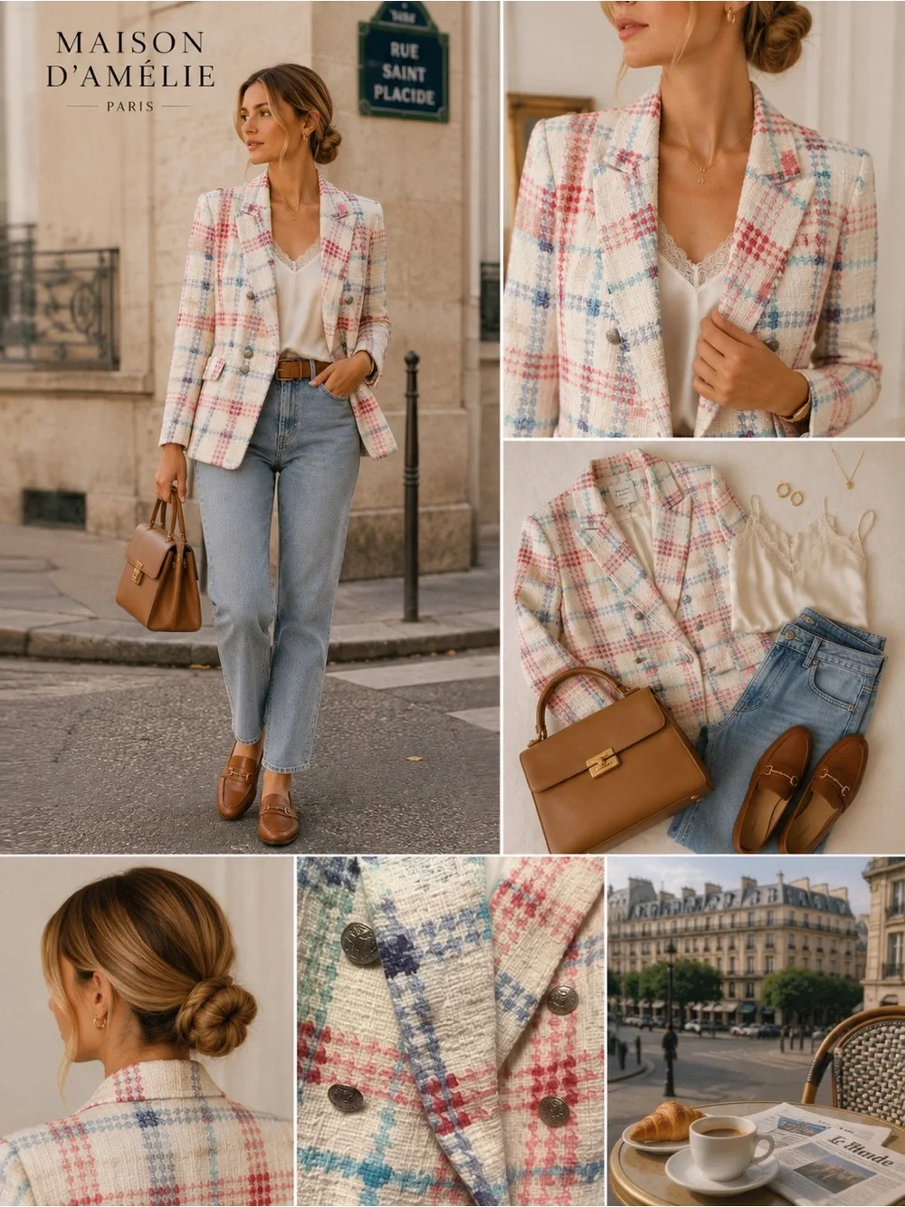 Maison d’Amelie Paris Blazer L Pastel Plaid Tweed Double Breasted Preppy Chic E